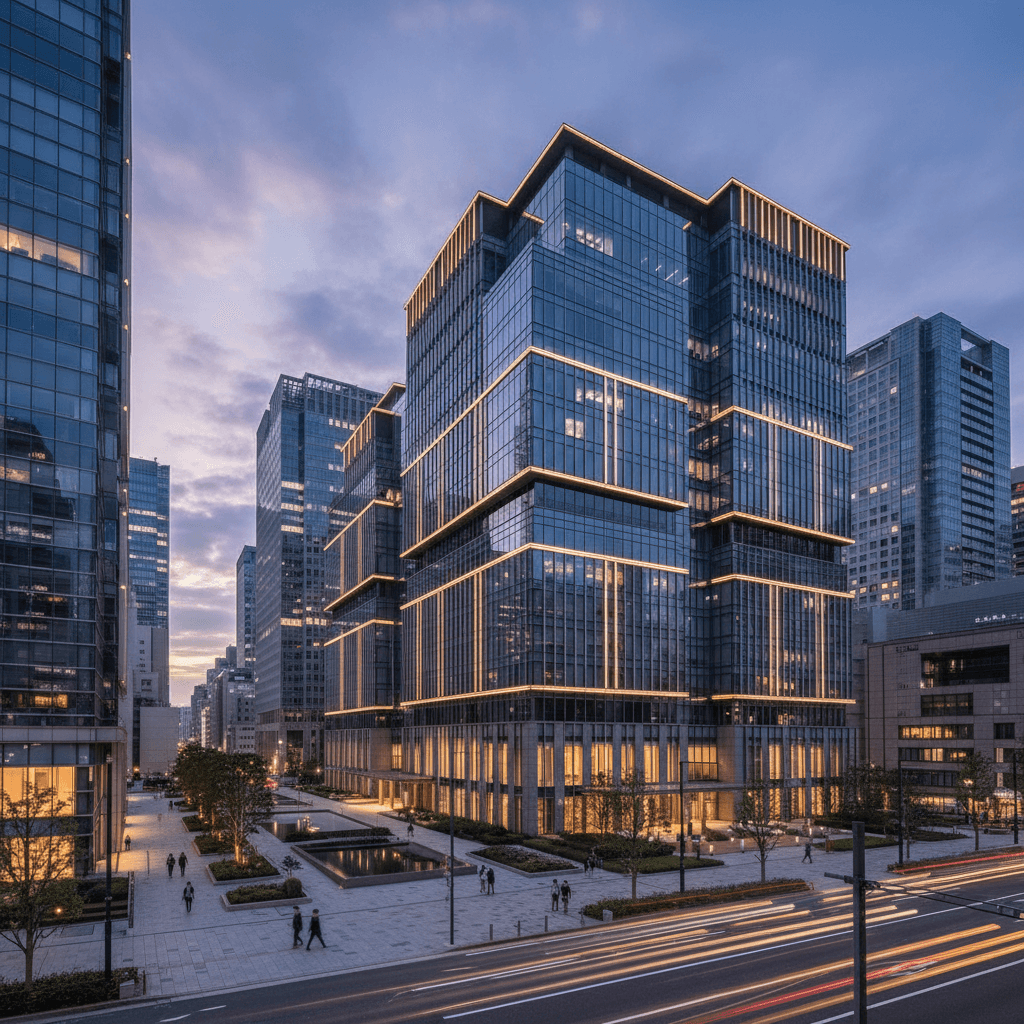 Amsterdam Zuidas modern business district skyline, glass towers, evening light, European financial hub