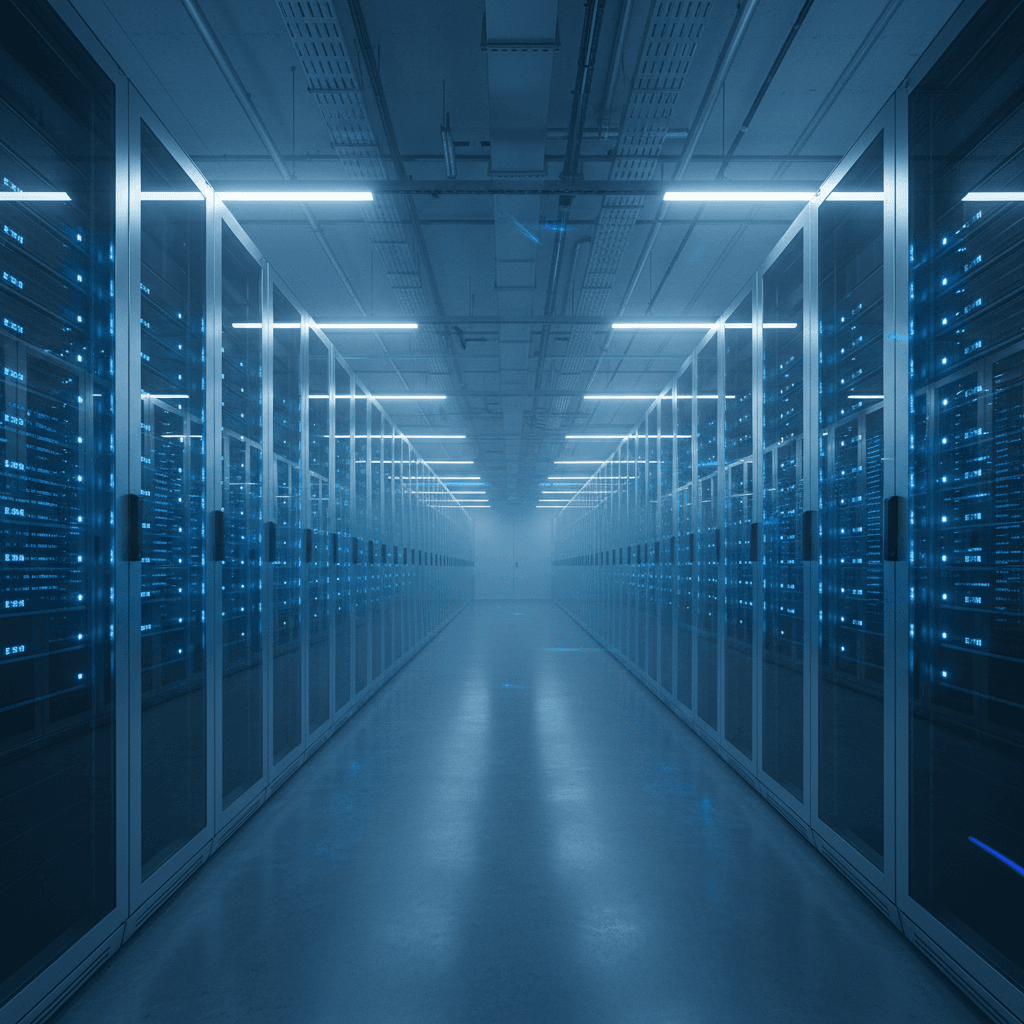 Cloud infrastructure data center, dark server room, dim blue lighting, deep shadows between server racks
