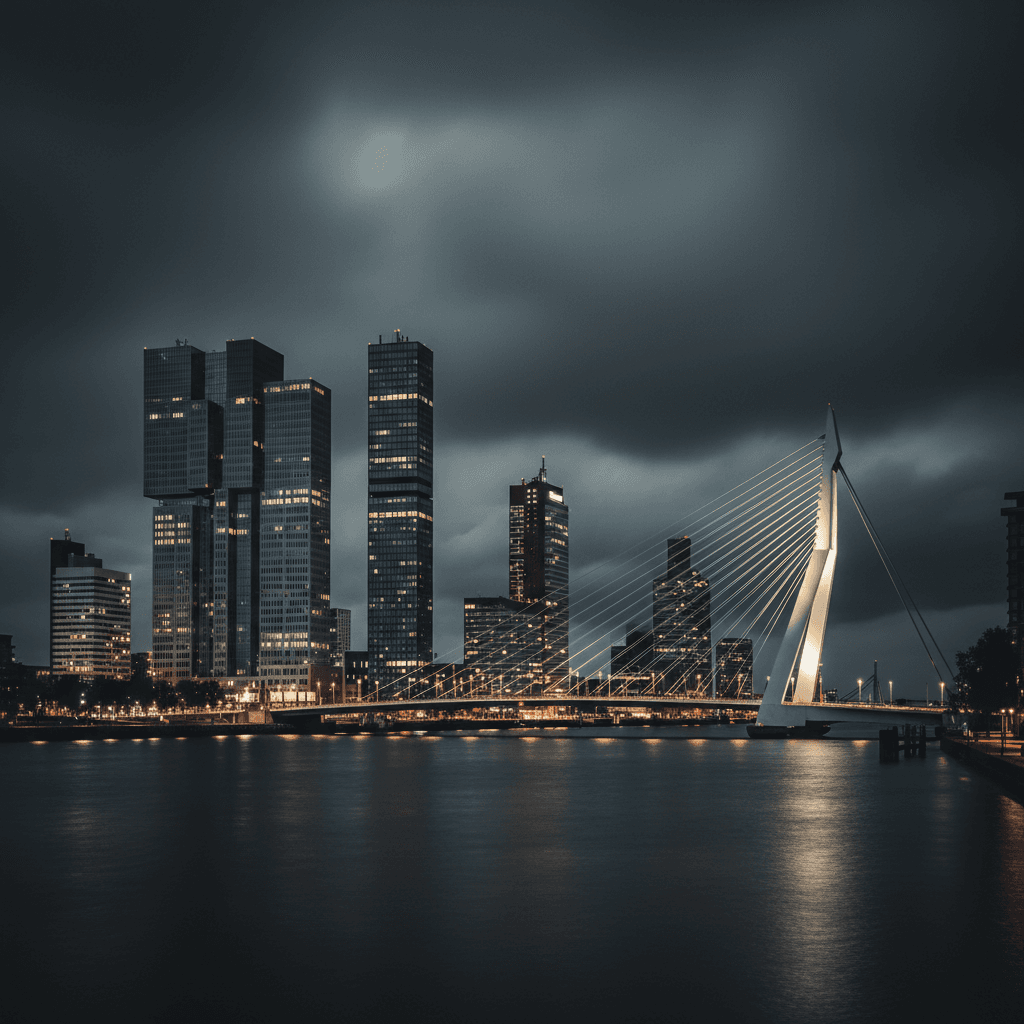 Rotterdam modern skyline with glass towers and Erasmus bridge, contemporary Dutch architecture